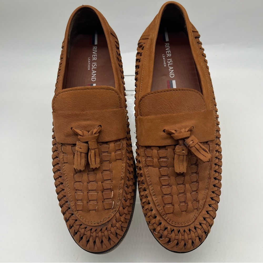 River Island Men’s Brown Weave Leather Nubuck Tassel Slip On Loafers Sz 10